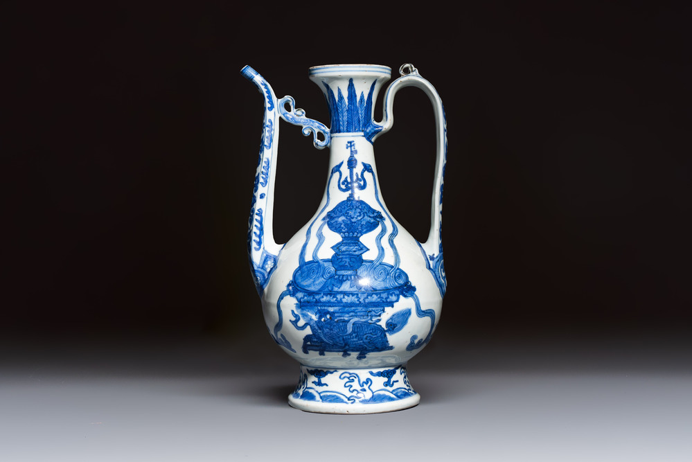 A Chinese blue and white 'Magic Fountain' ewer, heaven ☰ mark, Jiajing