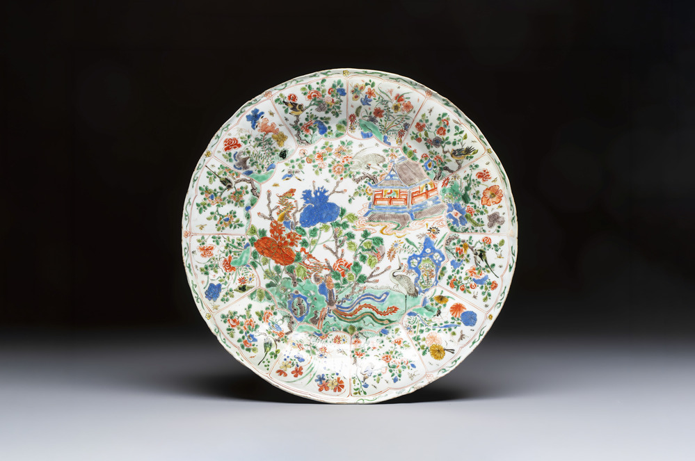 A large Chinese famille verte 'Pavilion with Birds among Flowering Branches' dish, Kangxi