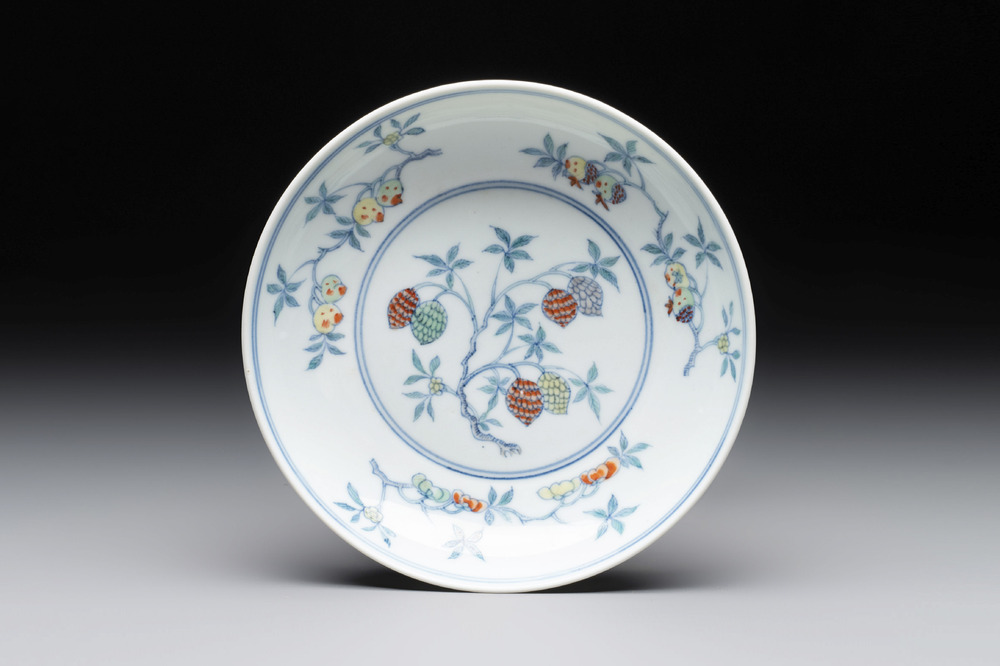 A Chinese doucai 'sanduo' plate, ingot, brush and ruyi mark, Yongzheng