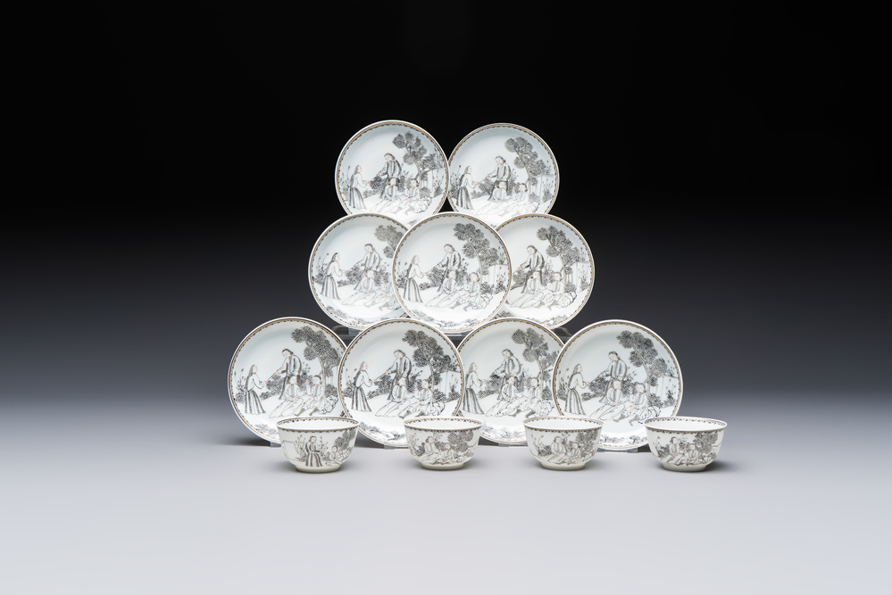 Four Chinese grisaille 'Western subject' cups and nine saucers, Qianlong
