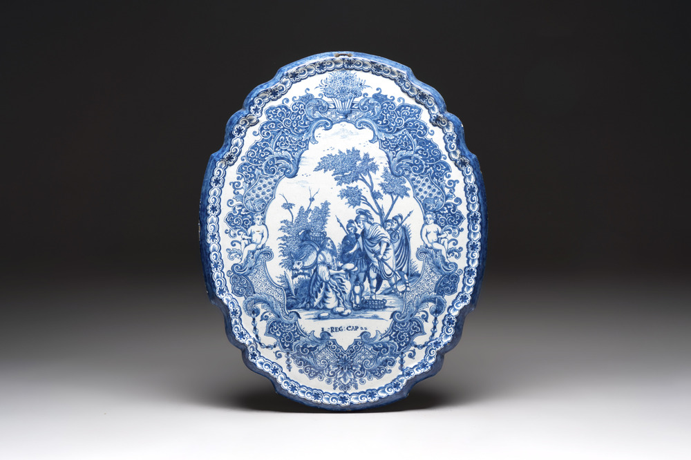 A large blue and white Dutch Delft plaque with the biblical scene of Abigail and David, 18th C.