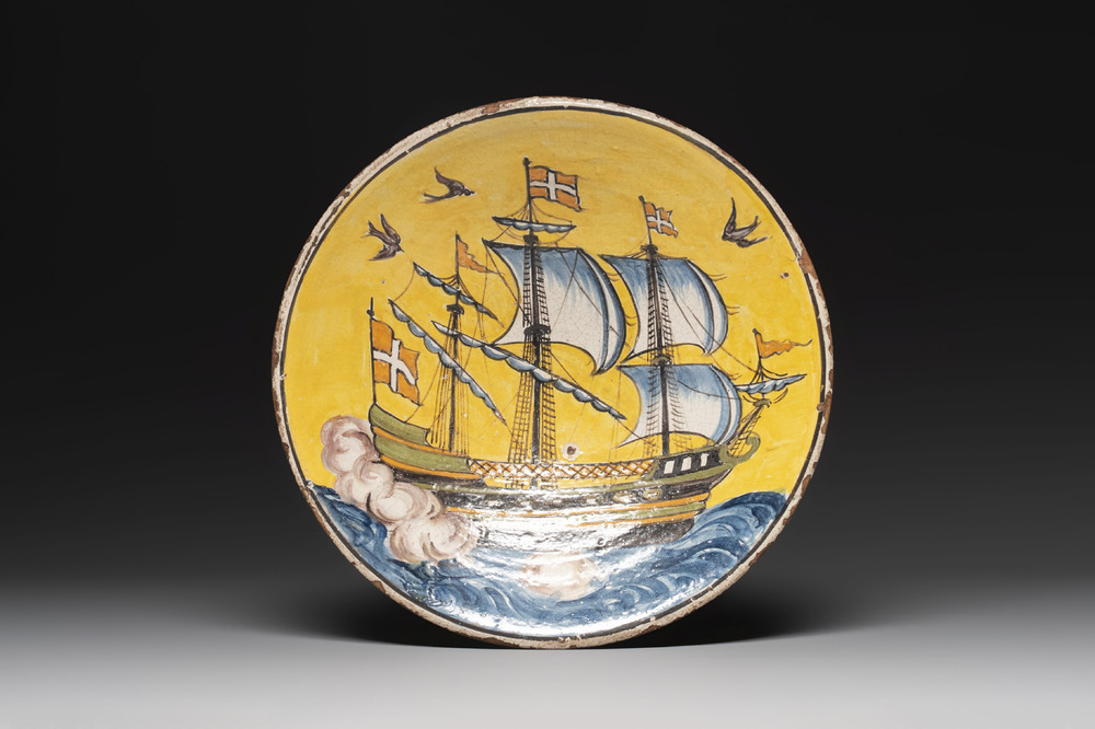 An Italian maiolica dish with a Danish ship, 19th C.