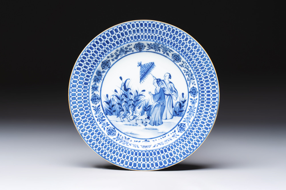 A Chinese blue and white 'La Dame au Parasol' plate after Cornelis Pronk, Qianlong