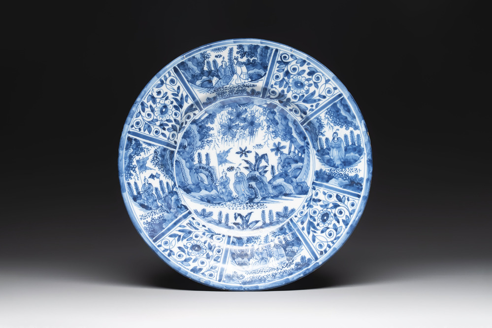 A blue and white Dutch Delft chinoiserie dish, 17th C.