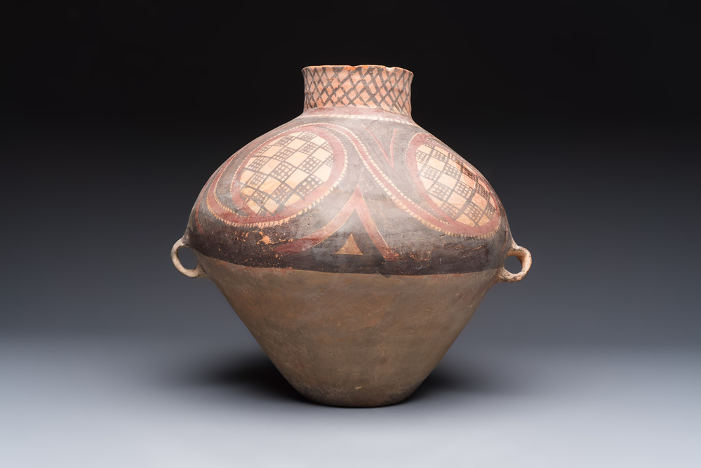 A Chinese painted pottery jar with geometric design, Neolithic period, Majiayao culture, 3rd millennium B.C.