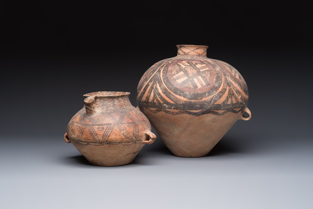 A Chinese painted pottery pouring vessel and a jar with geometric design, Neolithic period, Majiayao culture, 3rd millennium B.C.