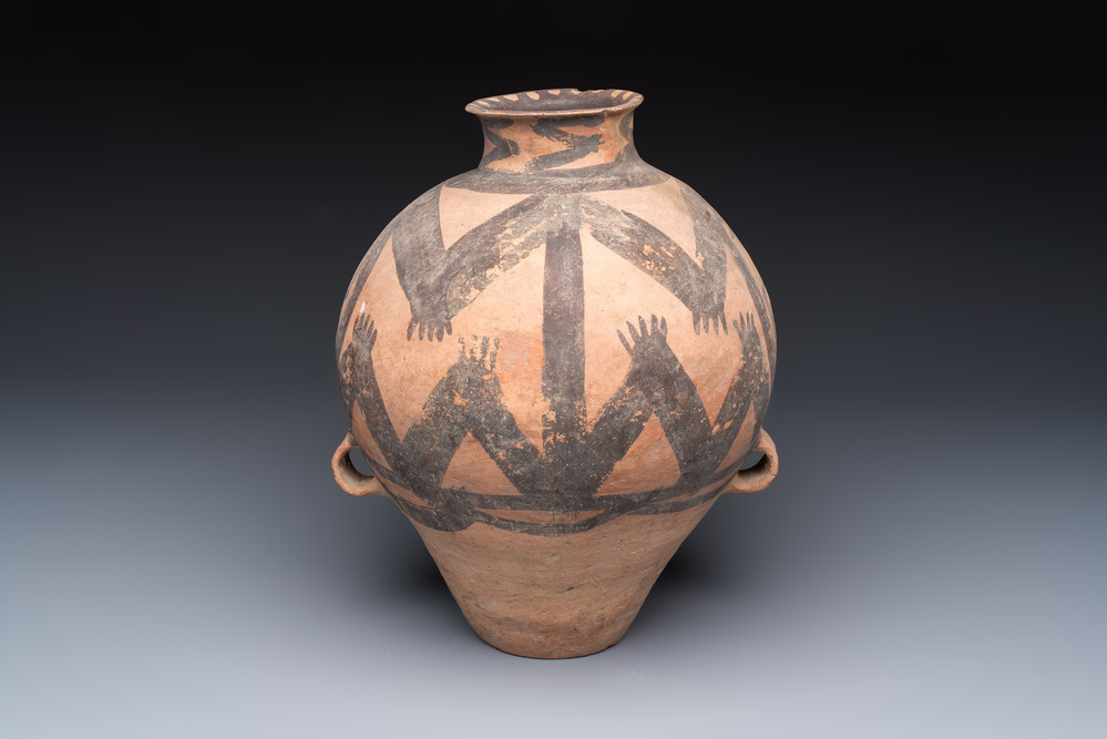 A Chinese painted pottery jar with zigzag design, Neolithic period, Majiayao culture, 3rd millennium B.C.