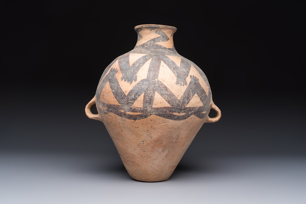 A Chinese painted pottery jar with zigzag design, Neolithic period, Majiayao culture, 3rd millennium B.C.