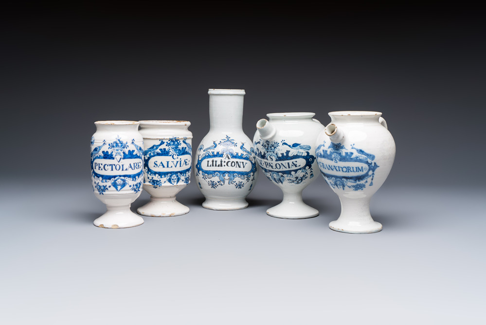 Five blue and white Dutch Delft and Brussels faience drug jars, 18th C.