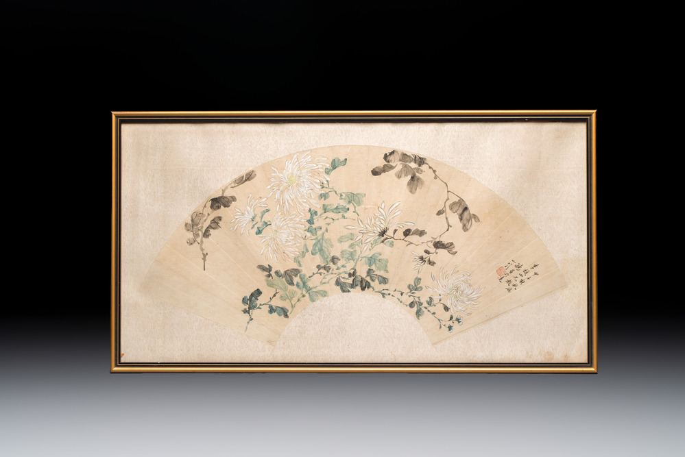 Chinese school: a framed painted fan with flowers, ink and colour on paper, dated 1924