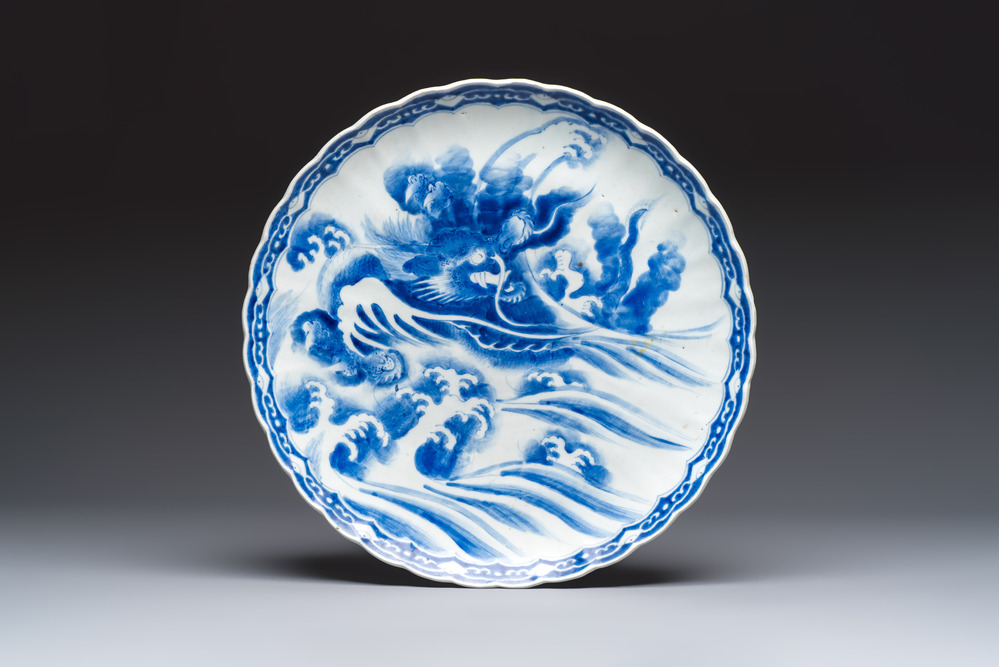 A large Japanese blue and white 'Dragon' dish, Meiji, 19th C.