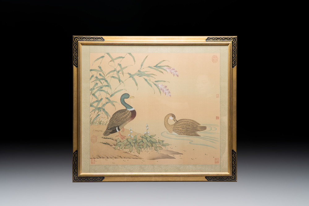 Chinese school: 'Ducks among Blossoms by the Water', ink and colour on silk, 20th C.