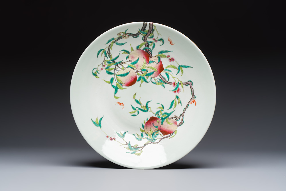 A large Chinese famille rose 'Nine Peaches' dish, Qianlong mark, 20th C.