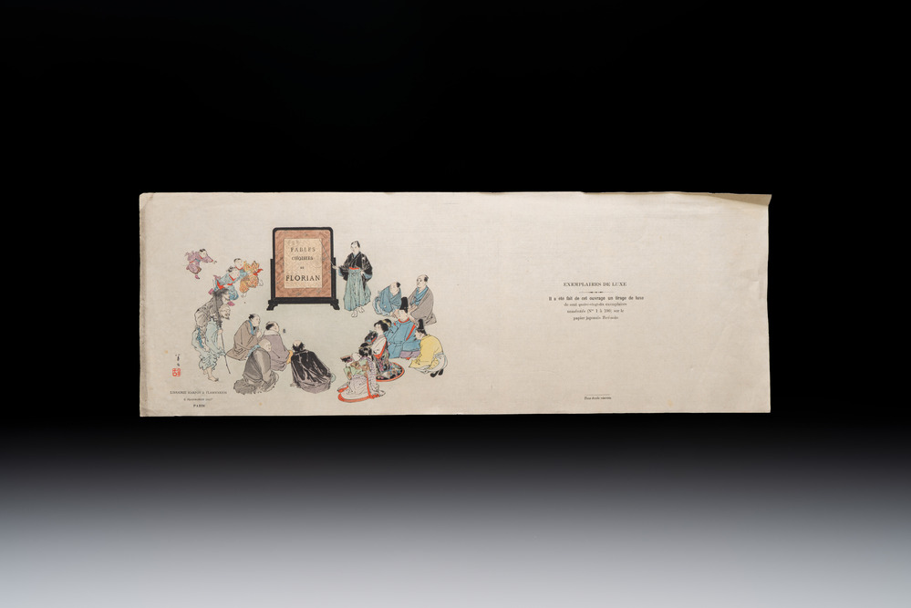 Sheets from Fables Choisies by Jean-Pierre Claris de Florian, illustrated woodblock prints by Japanese artists under Pierre Barboutau, 1895