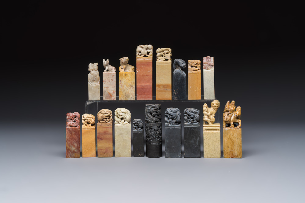 A group of 18 Chinese carved soapstone seals, 20th C.