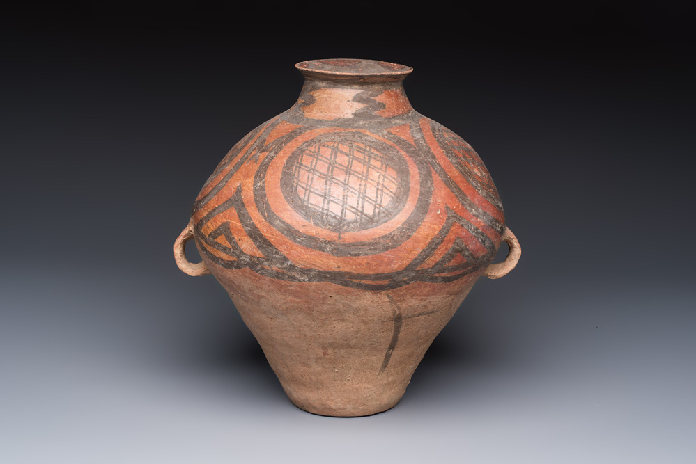 A Chinese painted pottery jar with geometric design, Neolithic period, Majiayao culture, 3rd millennium B.C.