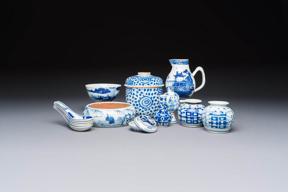 A varied group of 15 Chinese blue and white wares, 18th C. and later