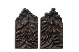Deux panneaux en chêne sculpté et polychromé représentant des bergers gardant un troupeau, Flandres, 2ème moitié du 16ème