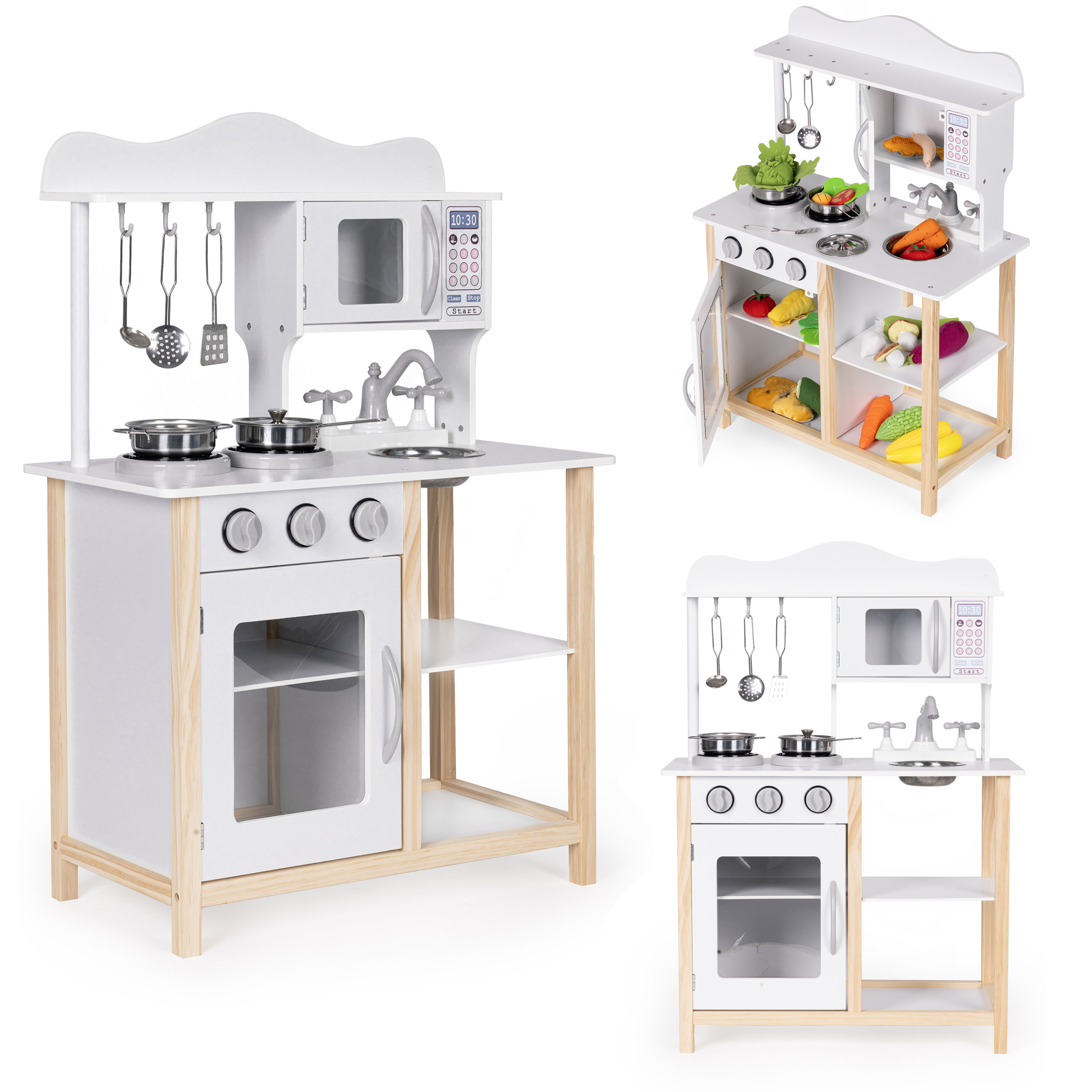 Drevená detská kuchynka s rúrou a kuchynským príslušenstvom - biela, ECOTOYS