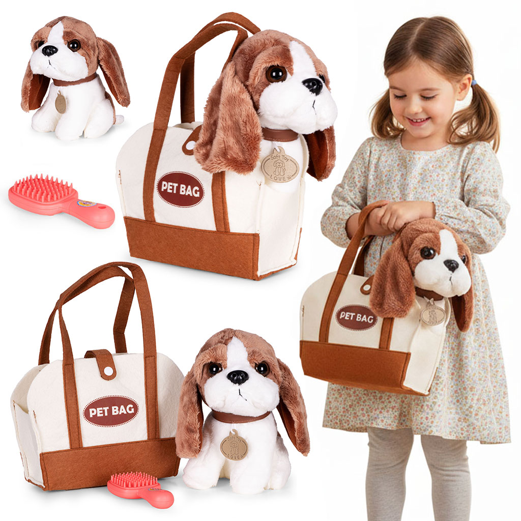 Plyšový psík v taške s motívom bígla, kefa na česanie
