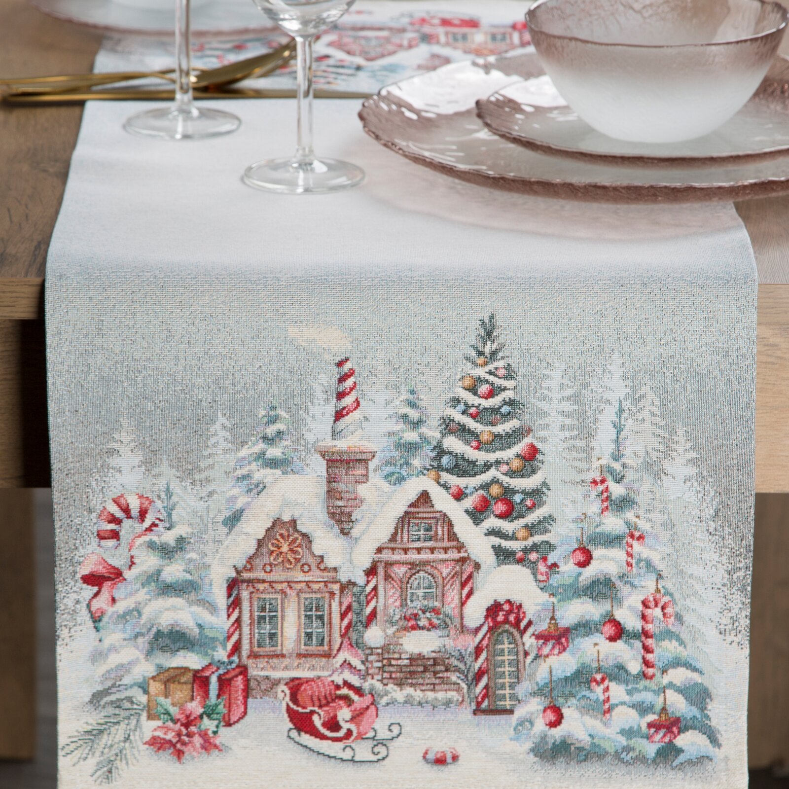 Vianočné prestieradlo so vzorom tkanej chatrče Santa Clausa