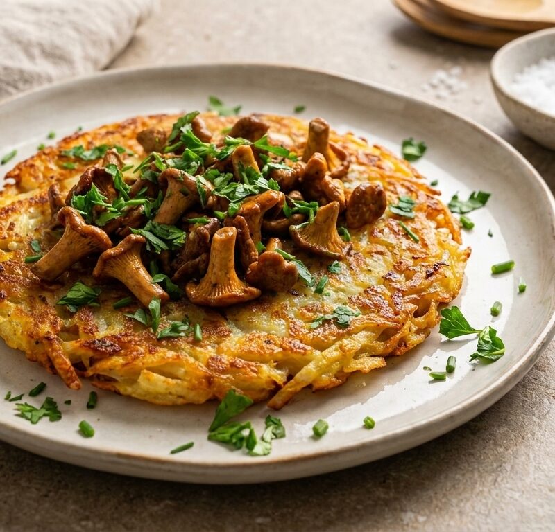 Smörstekta kantareller på krispig rösti