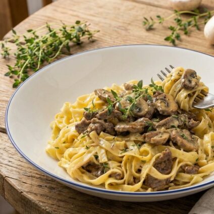 Tagliatelle med lövbiff och svamp i krämig gräddsås