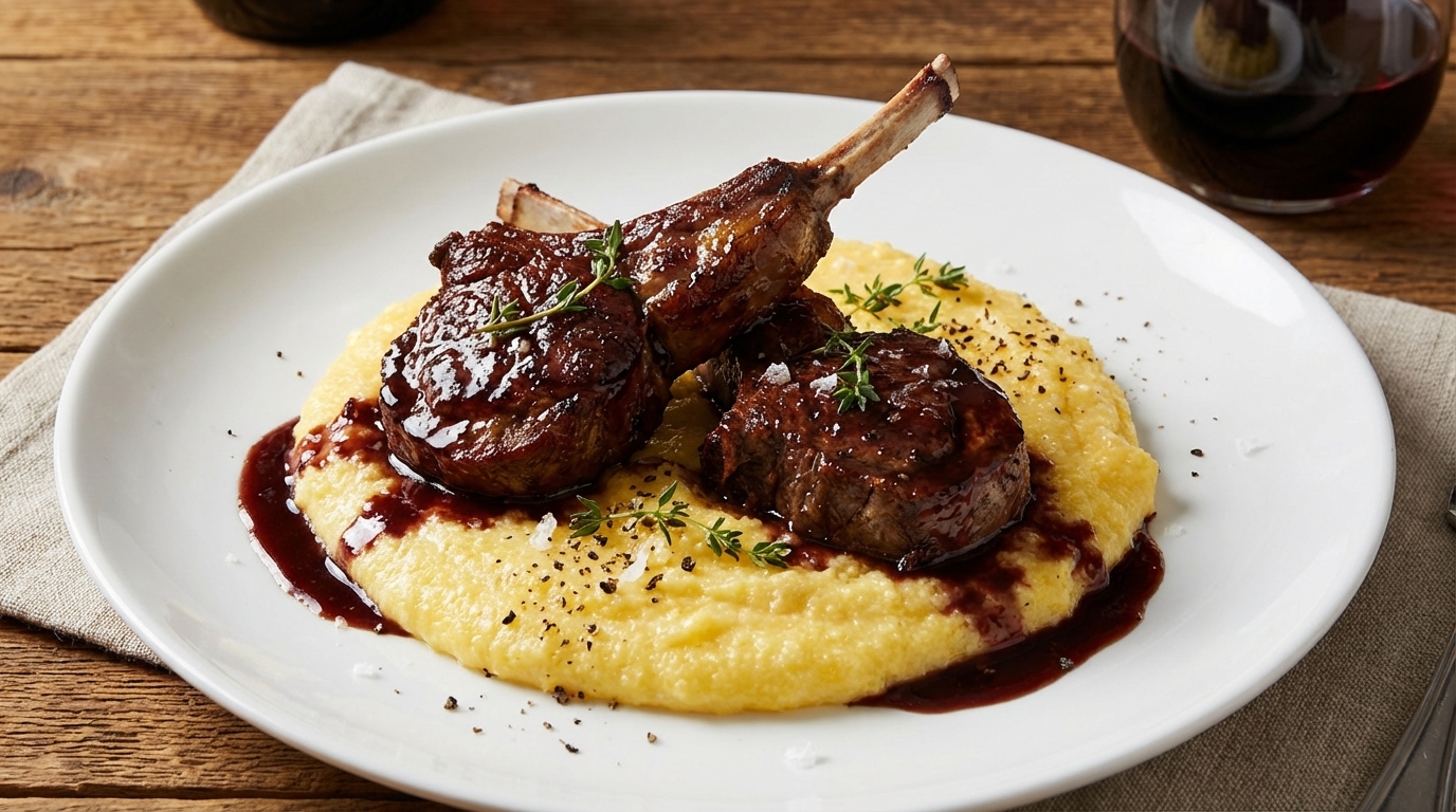 Polenta med lammkotletter i vin