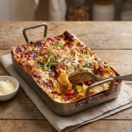 En ugnsform med grönskålslasagne står på ett träbord.