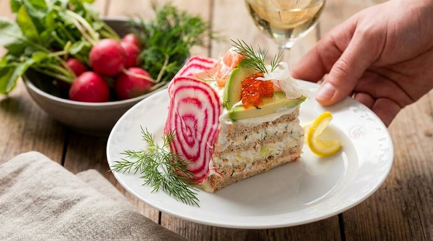 Smörgåstårta med rökt lax, avokado och hyvlad fänkål