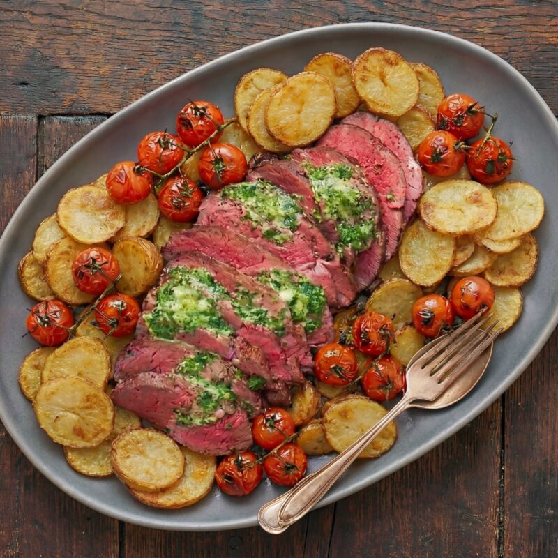 Recept på klassisk Coeur de filet Provençale. Helstekt oxfilé på bädd av råstekt potatis toppad med vitlökssmör. Den ultimata festmaten till nyår!