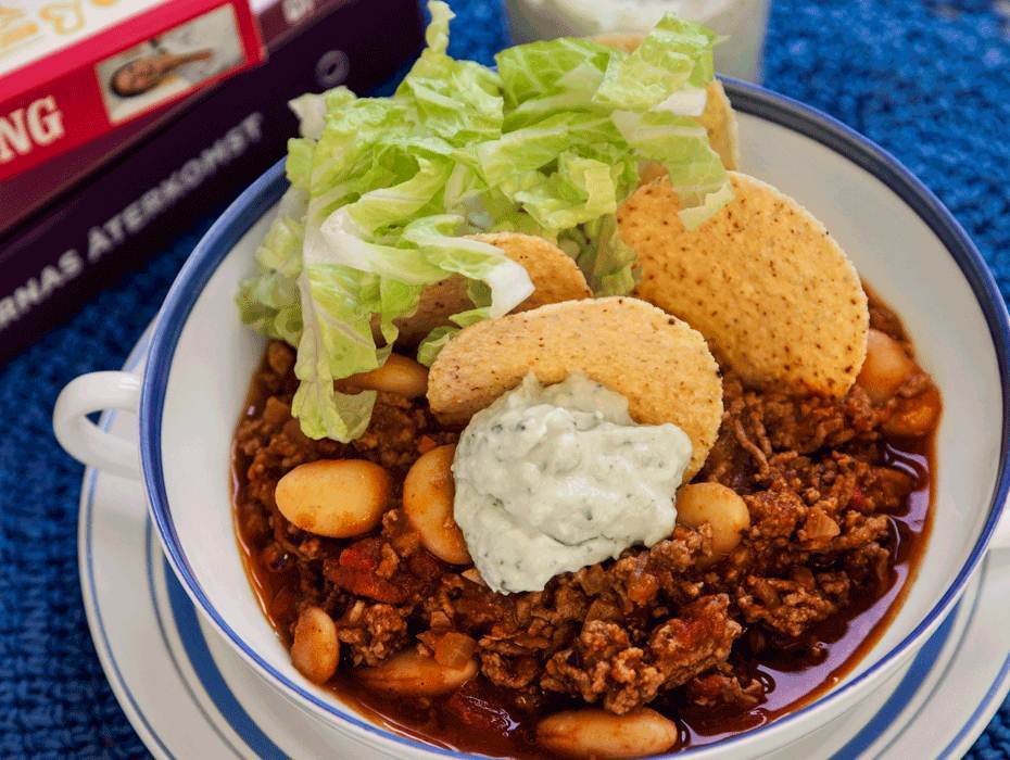 Chili con carne med guacamole och nachochips