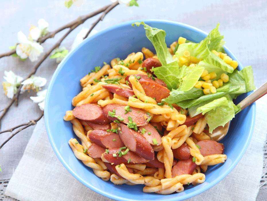 Pesto pasta med korvslantar