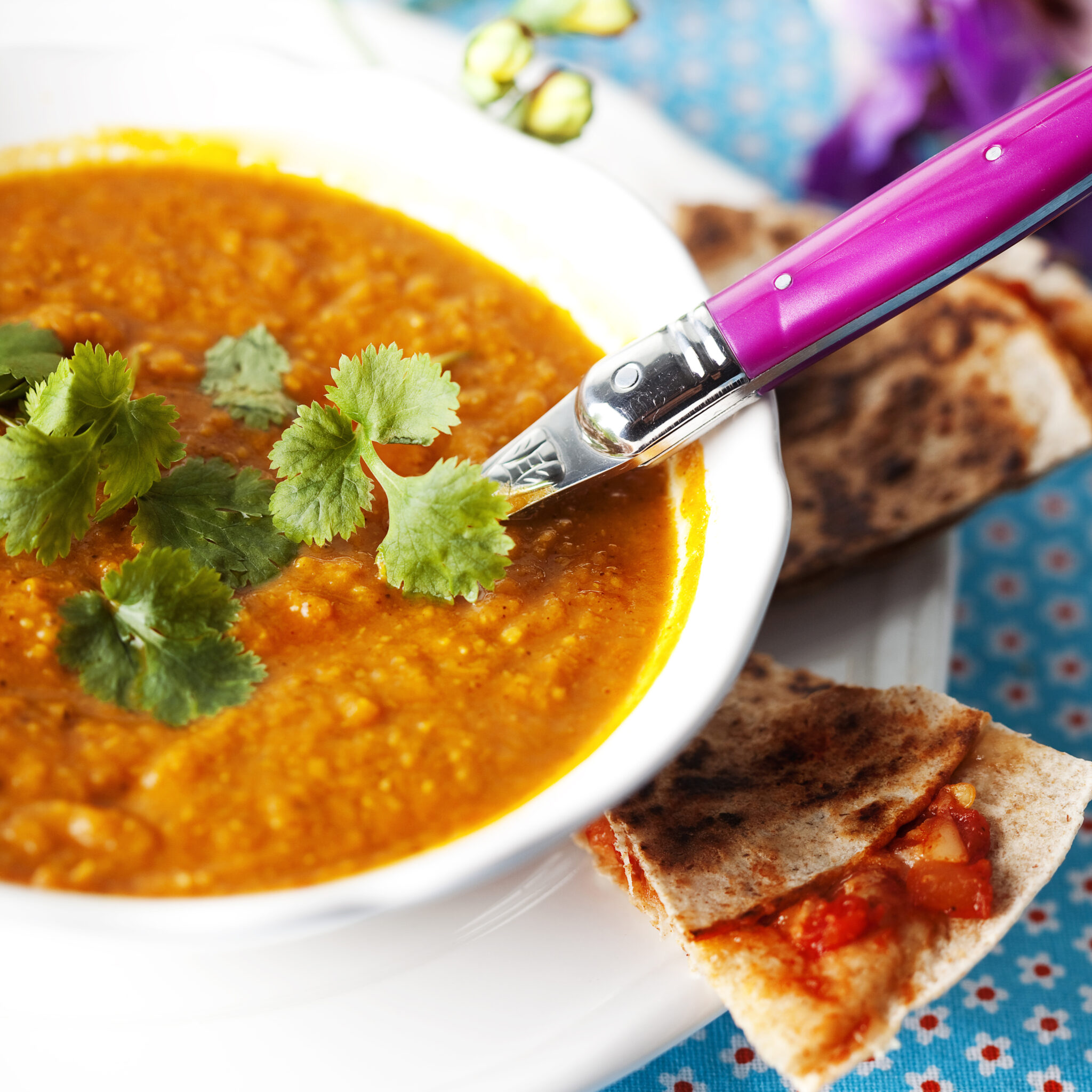 Kryddig kikärts- och sötpotatissoppa med tomatquesadilla