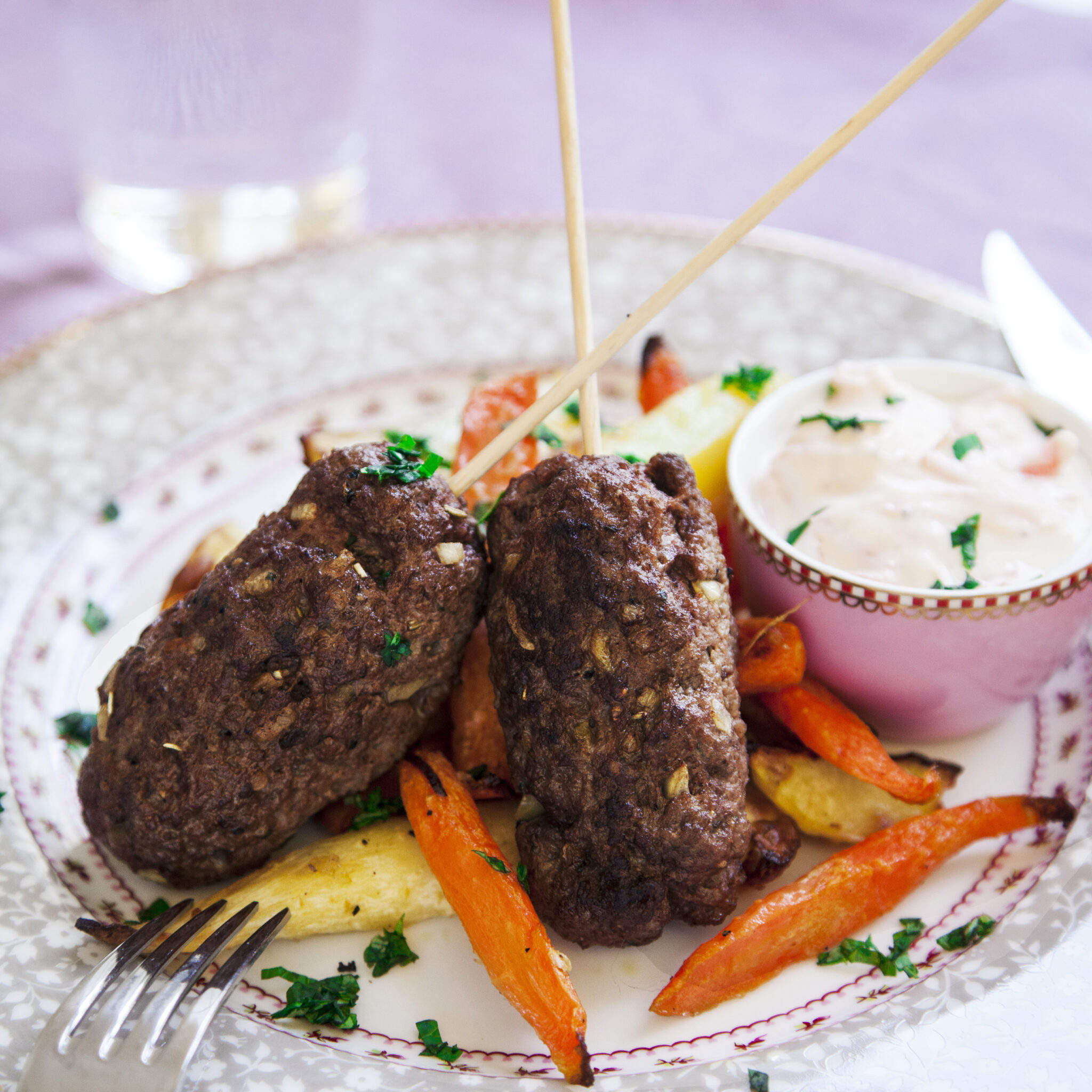 Färsspett med tzatziki och ingefärsrostade rotfrukter