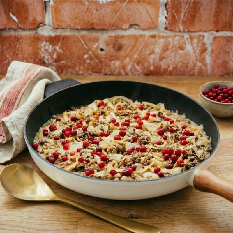 Bilden visar en stekpanna på ett bord med en gräddig köttfärssås med vitkål i dekorerad med färska lingon.