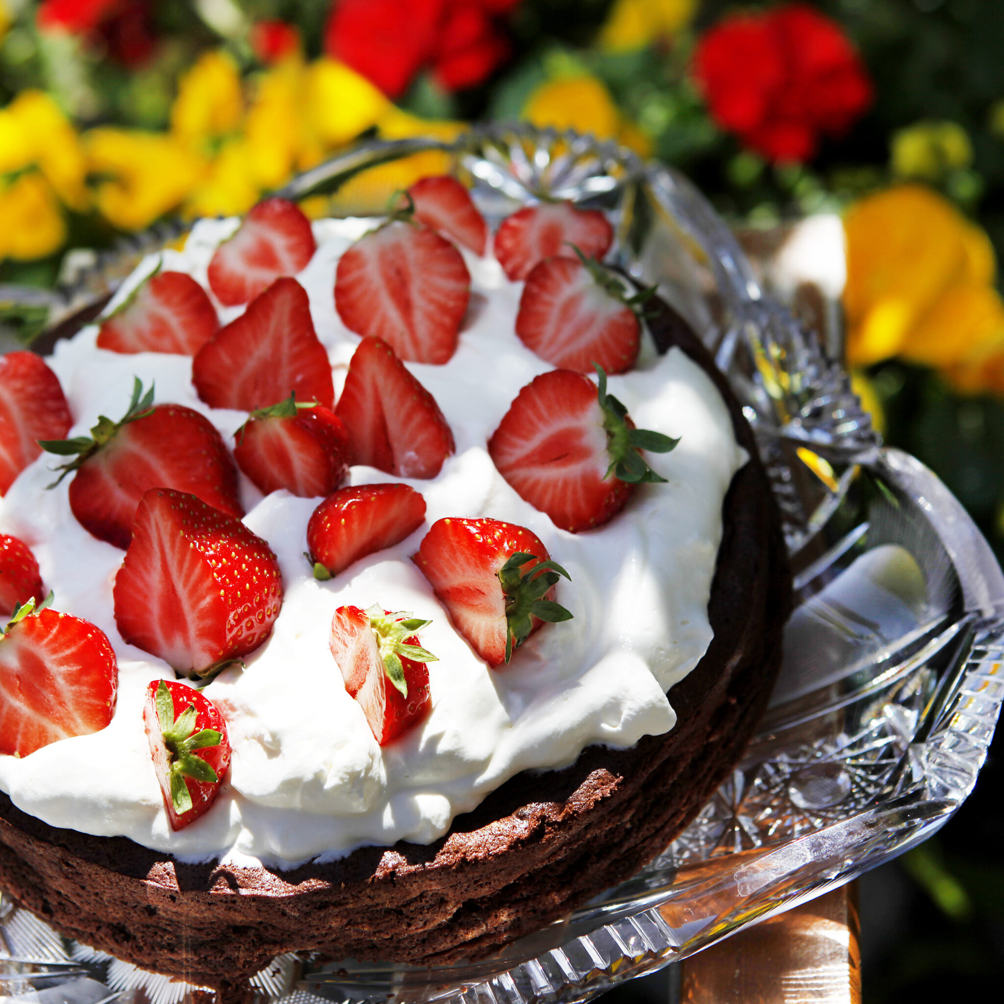 GI kladdkaka med pistagenötter, grädde och jordgubbar