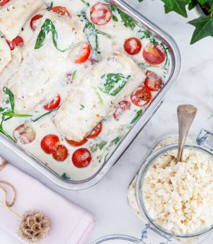 Torsk på spenatbädd med parmesanris