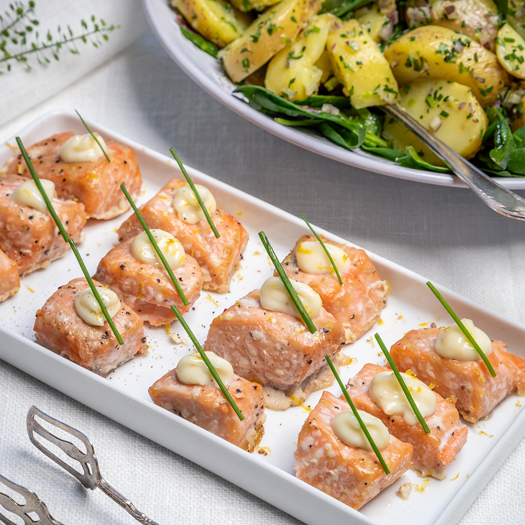 Rökiga laxkuber med citronaioli