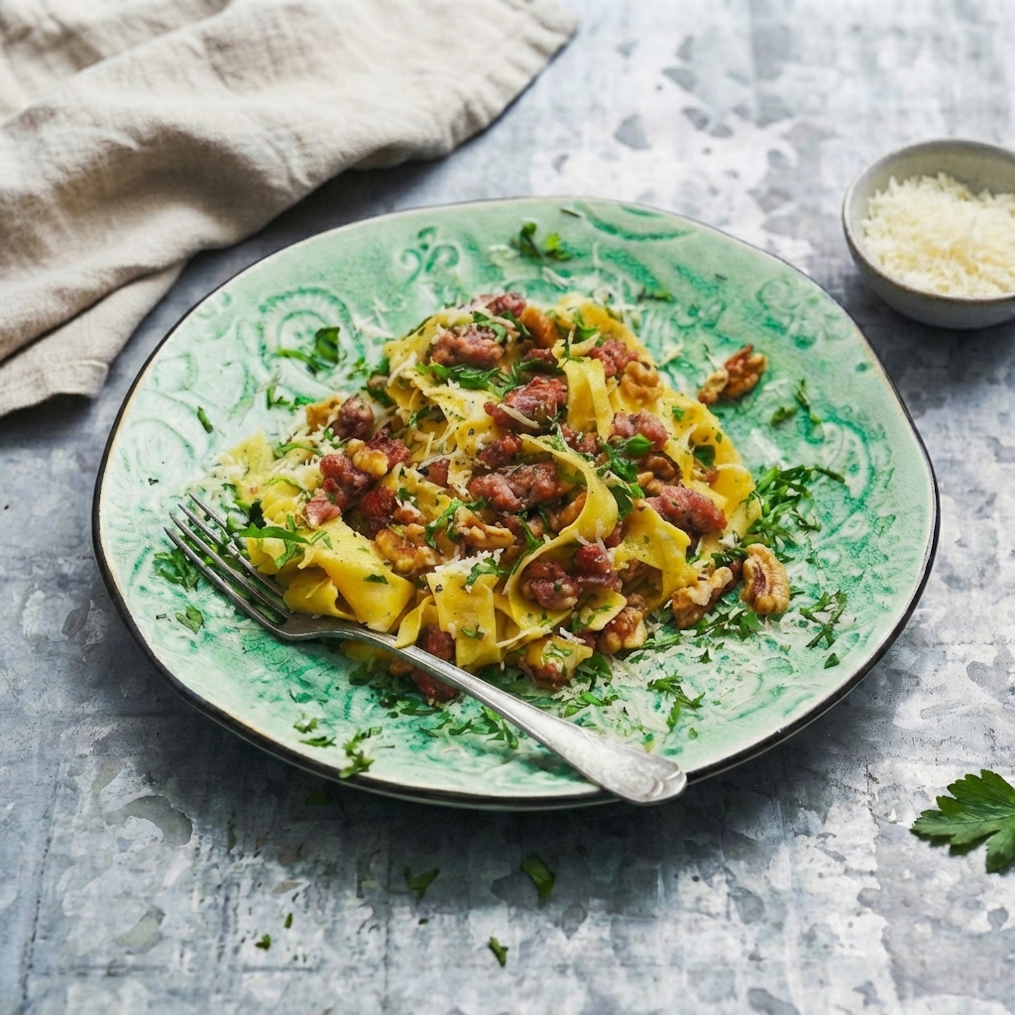 Pasta med salsicciafräs, valnötter och parmesan