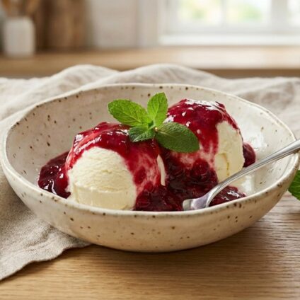 En skål med två kulor vaniljglass toppad med varm hallonsås.