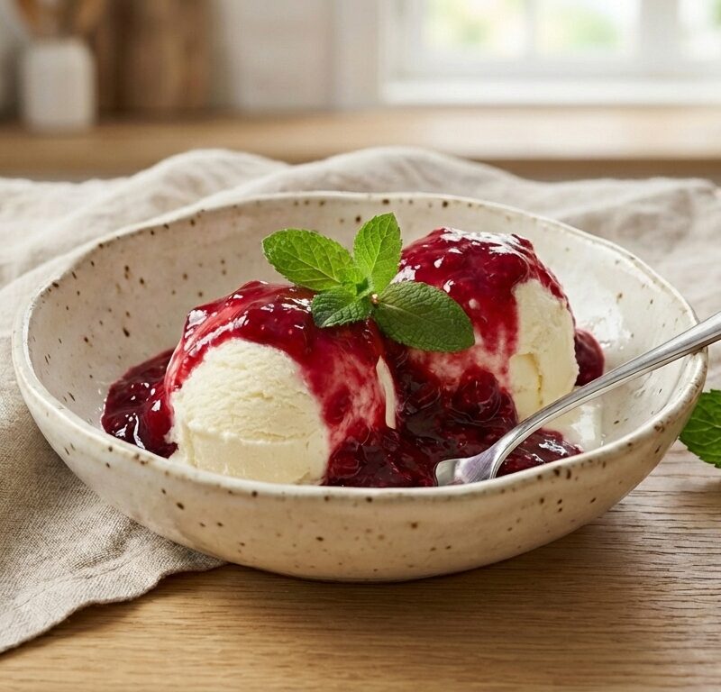En skål med två kulor vaniljglass toppad med varm hallonsås.