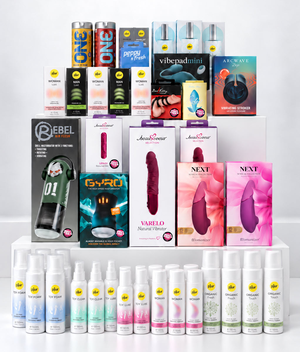 A selection of sexual wellness products from the monthly prize package